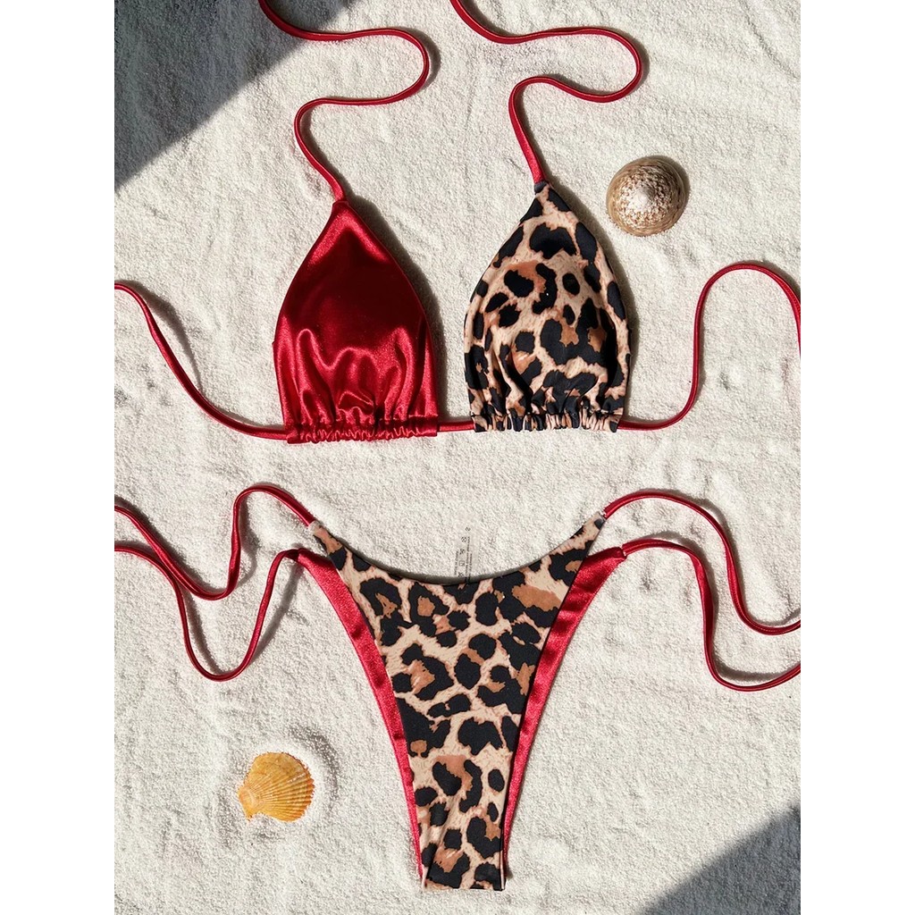 Halter Splicing Leopard Bikinis 2025 Satin Bikini Female Swimsuit Women Swimwear Two-pieces Bikini