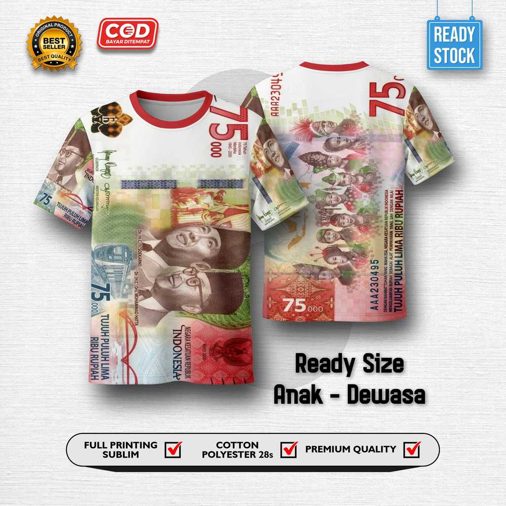 Kaos Fullprint Pecahan Rupiah 75rb | T Shirt Baju AOP Uang Tujuh Puluh Lima 75 Ribu Viral Anti Luntu