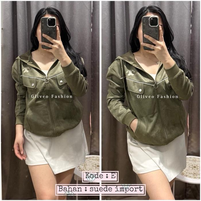 Cf Gliveo - Jaket Hoodie Pocket Suede Import / Jaket Suede Wanita Import / Jaket Wanita Terbaru /