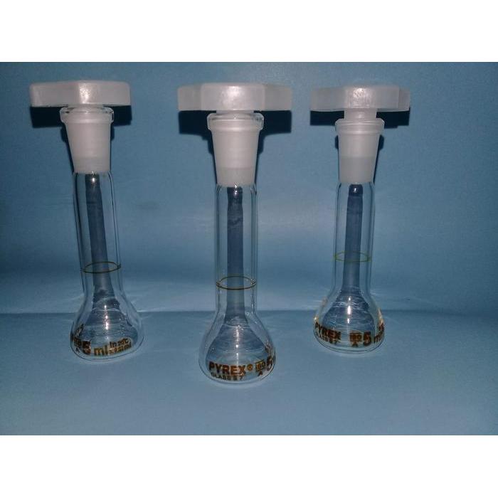 (PROMO) LABU UKUR / VOLUMETRIC FLASK PYREX 5 ML - KACA BOROSILICATE, TUTUP PLASTIK. BATAS DI LEHER