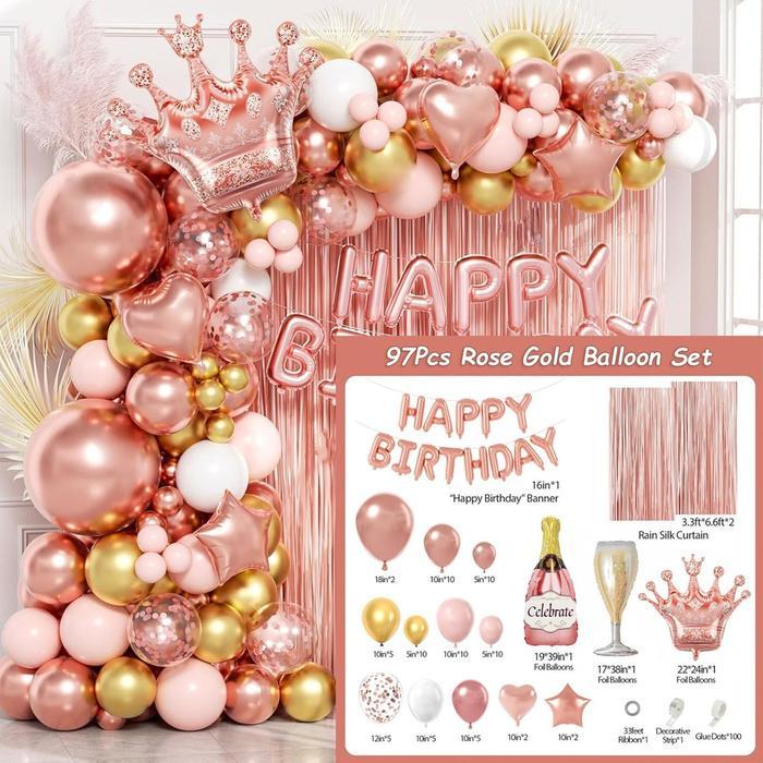 Balon Lengkung Emas Mawar Merah Muda Putih Dekorasi Pesta Foil Spanduk Selamat Ulang Tahun Wanita