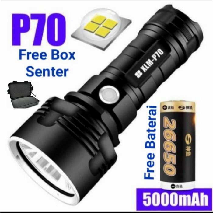 Senter Super Terang Senter Led Rechargeable P70 50W 1000 Lumens + Bok