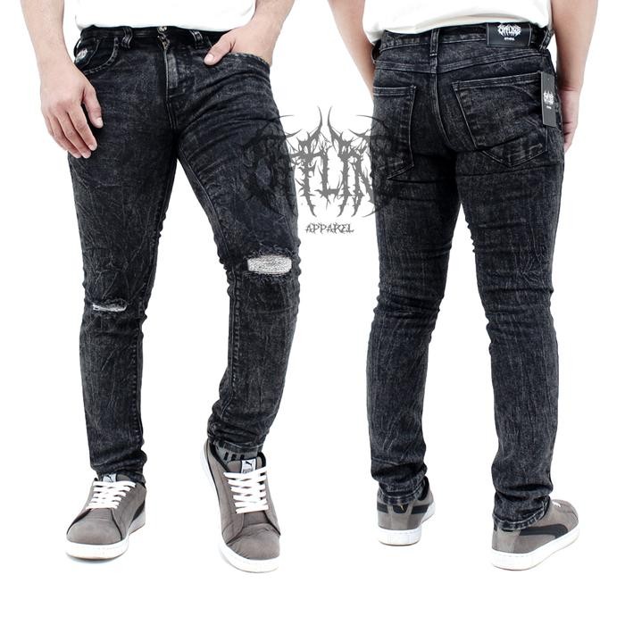 m0np Offline Celana Jeans Pria Sobek Lutut Slim Fit Distro Denim Straight / Grey Hitam