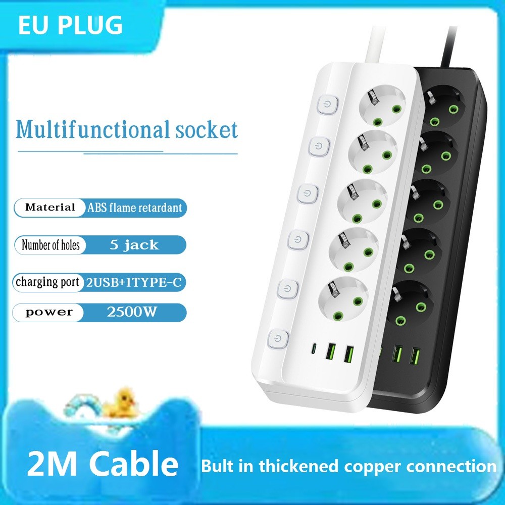 Smart Power Strip EU Plug AC Outlet Multiprise 2M Extension Cord Electrical Socket Network Filter