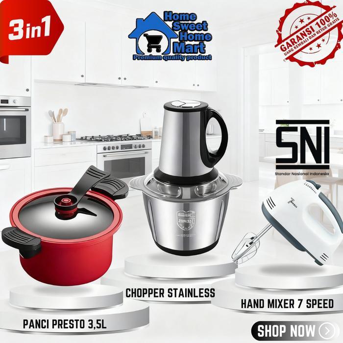 HSH COMBO KATANYA MERDEKA CUAKS(PANCI PRESTO 22CM,HAND MIXER,BLENDER CHOPPER STAINLESS) - PRESTO MER