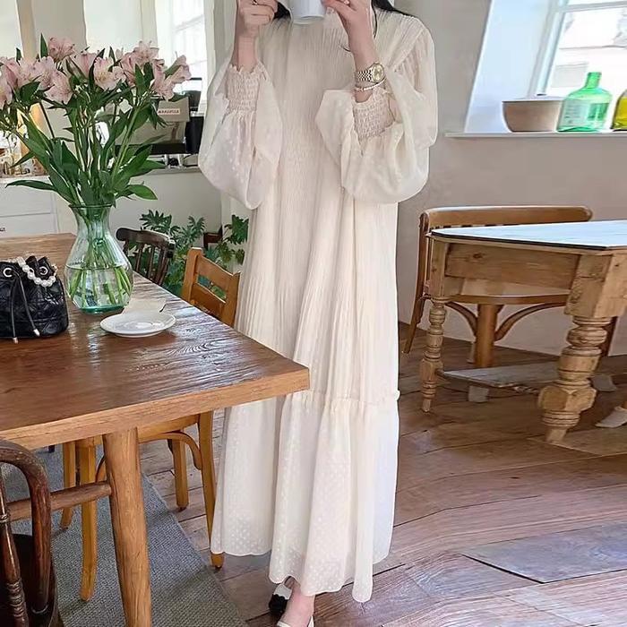 Premium Long Dress/ Gaun Muslim Cream Simple Wanita Style Korea Big Size Gamis Maxi Pesta Fairy