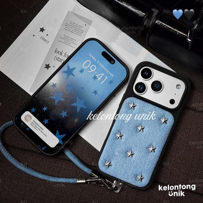 Flash Sale Free Strap Kelontong Unik Ruby Silver Star Rivet Jeans Denim Case - Hardcase Softcase/