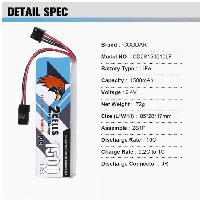 PROMO CODDAR 2S 1500MAH 6.4V LiFe 10C Sanwa M12-RS MT46 JR READY