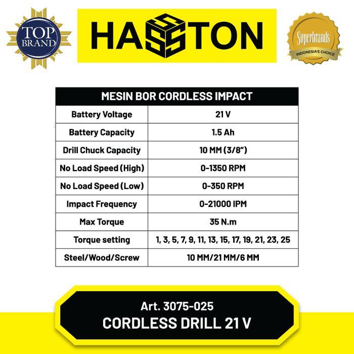 Hasston Mesin Bor Set Tanpa Kabel / Cordless Impact Drill (3075-025)