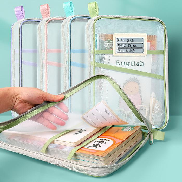 Map File L Premium Ritsleting Transparan A4 Tebal Tas Map 3 Lapisan Jaring Portable Tempat