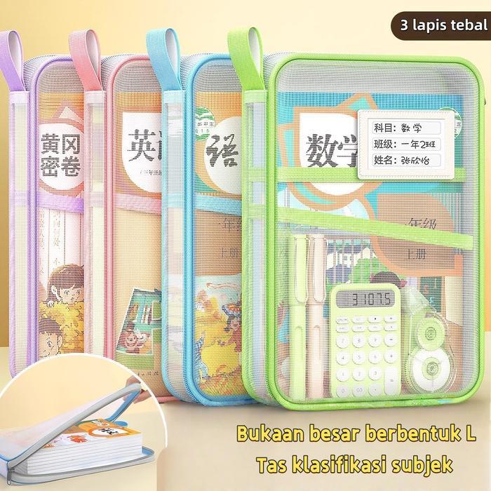 Map File L Premium Ritsleting Transparan A4 Tebal Tas Map 3 Lapisan Jaring Portable Tempat