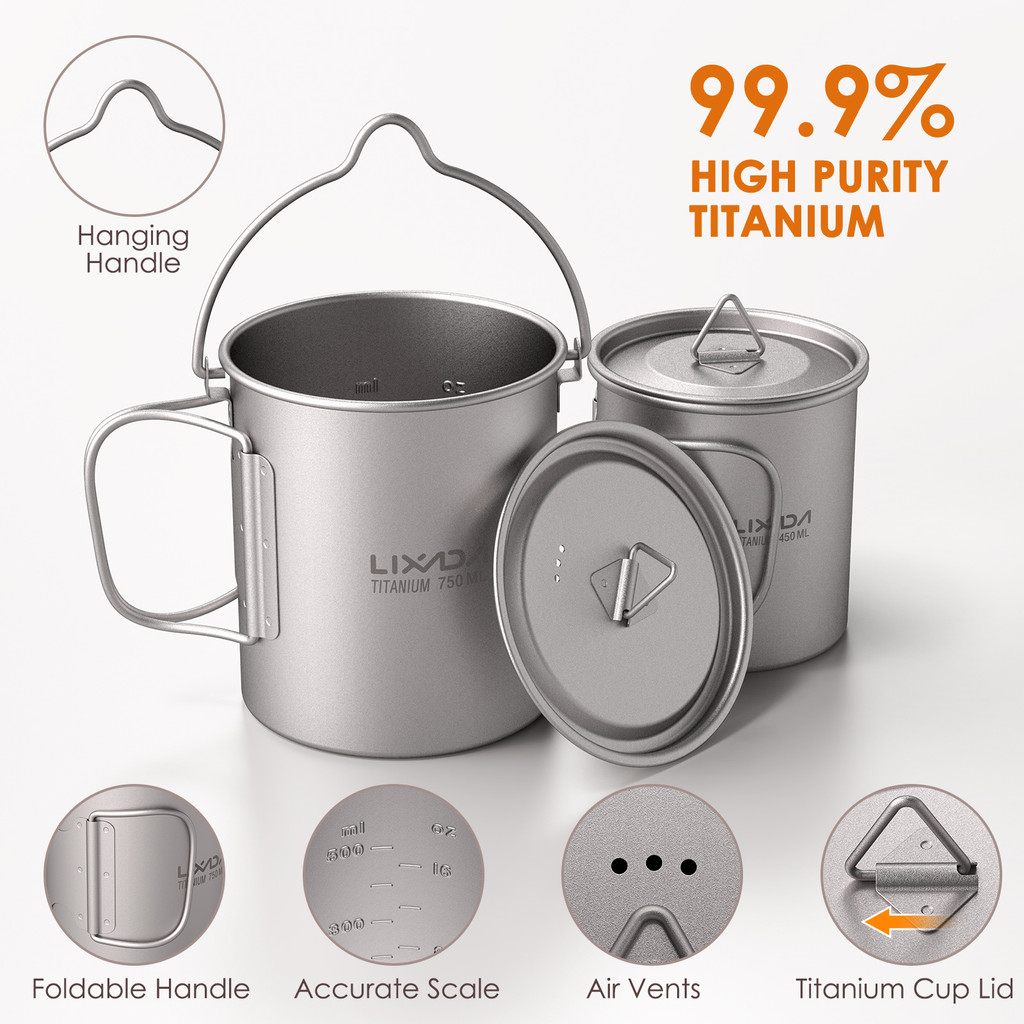 Lixada Titanium Cup Pot Tablere Set Outdoor Camp Titanium 750ml Pot 350ml ter Cup Mug w Lid