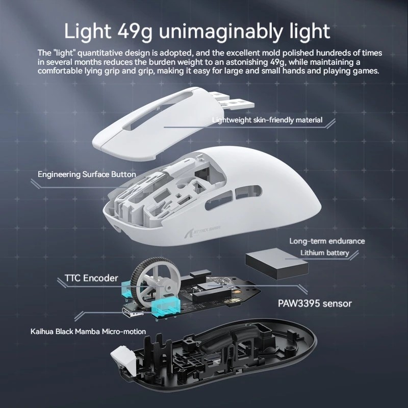Attack Shark X3 2.4g Bluetooth Wireless Mouse Three Mode Paw3395 Sensor Lightweight Mouse Gamer Pc A