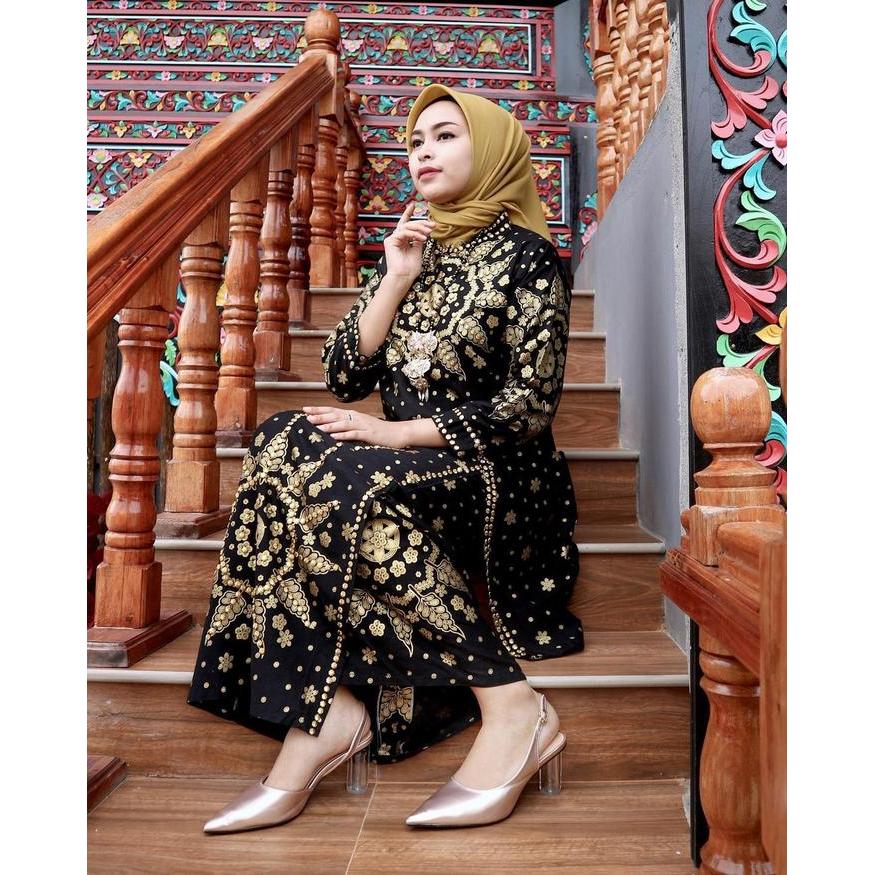 New Setelan Tunik Rok Span Motif Bunga Matahari Motif Songket Printing Atasan Baju Cewek Gold Karet