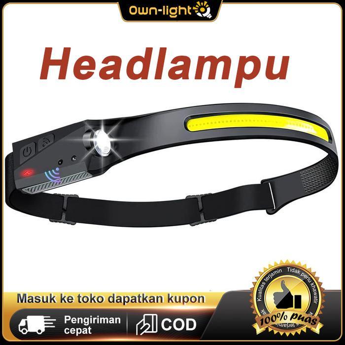 Headlamp Lampu Kepala Cahaya LED COB Super Terang Sensor Cahaya FREE USB TIPE C -Headlamp Lampu
