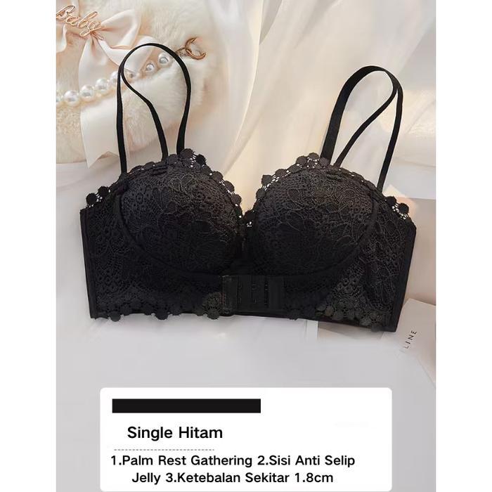 Bra Push-Up Tanpa Kawat dengan Celana Dalam Renda Wanita Hitam Ukuran 32/70AB