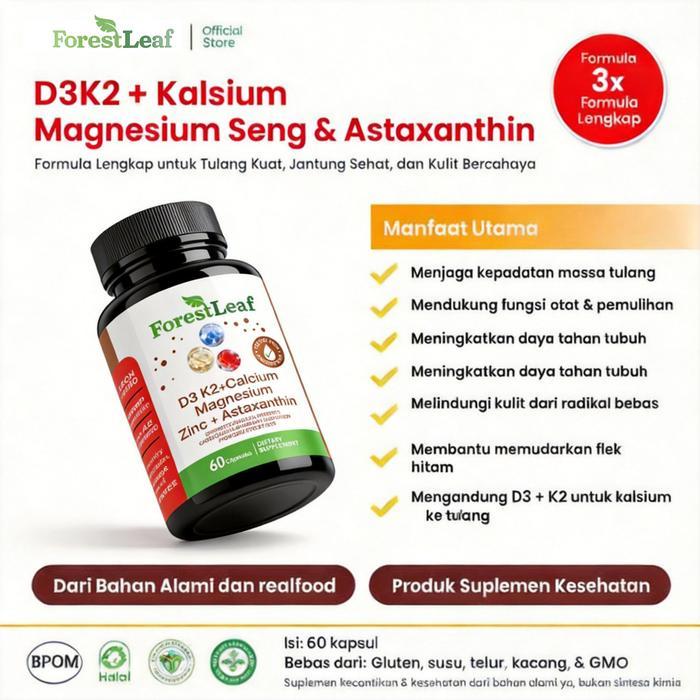 Original [ BPOM & HALAL ] - D3K2 + Kalsium Magnesium Zinc + Astaxanthin Kompleks Total Tulang &
