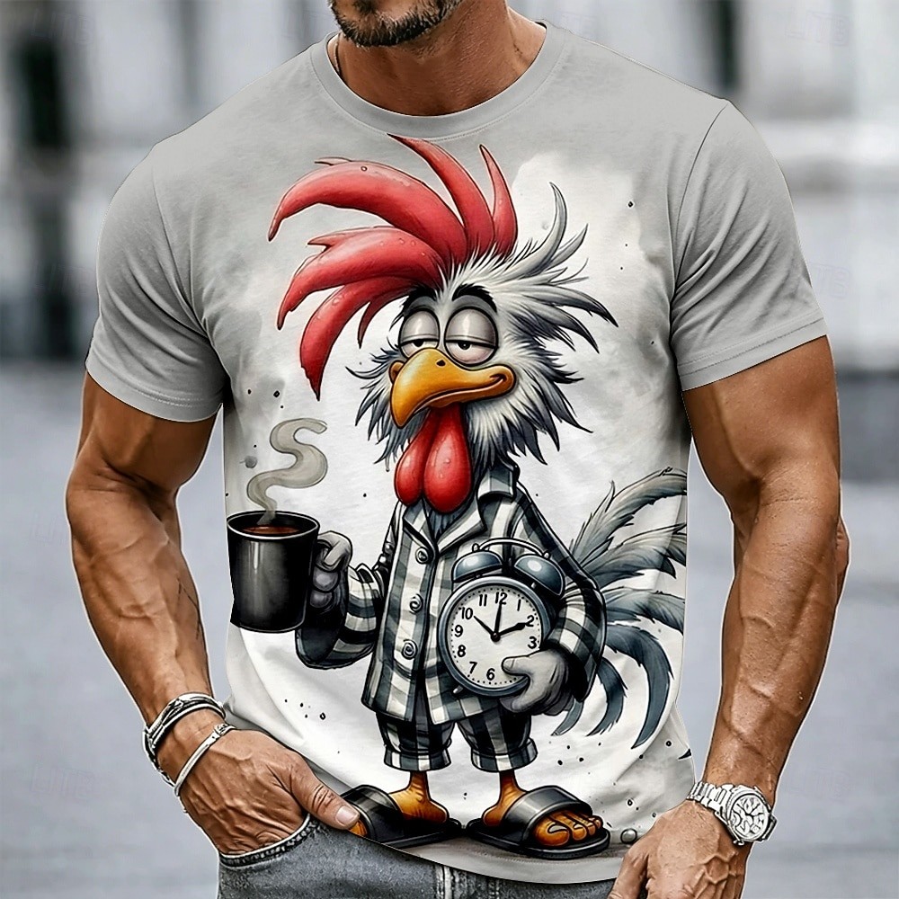 Ayam Jantan Lelah Pria Dengan Piyama Kaus Bermotif Kopi Kartun Ayam Mengantuk Suasana Pagi Grafis Le