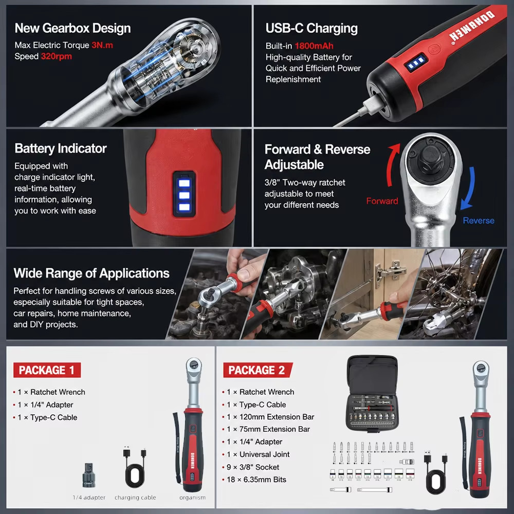 38 Inch Cordless Electric Ratchet Wrench 3Nm Reversible Right Angle Wrench Power Ratchet Wrench For