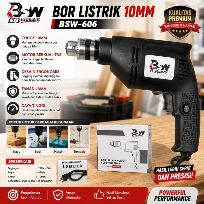 Bsw Bor Listrik 10Mm Reversible Mesin Bor Tembok Kayu Besi