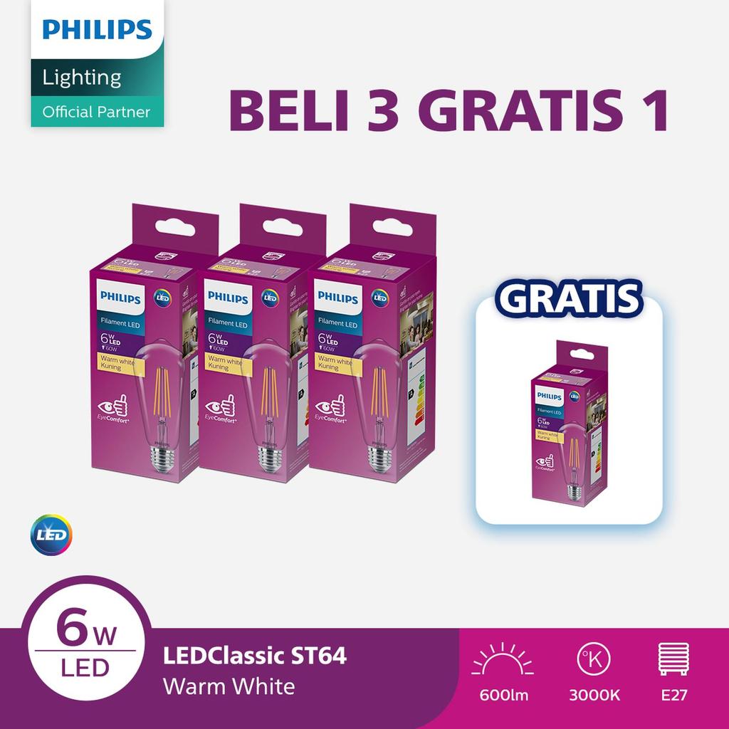 Paket Philips 3 Free 1 Lampu Bohlam Philips Filament LED Classic 6w ST64 E27 Kuning