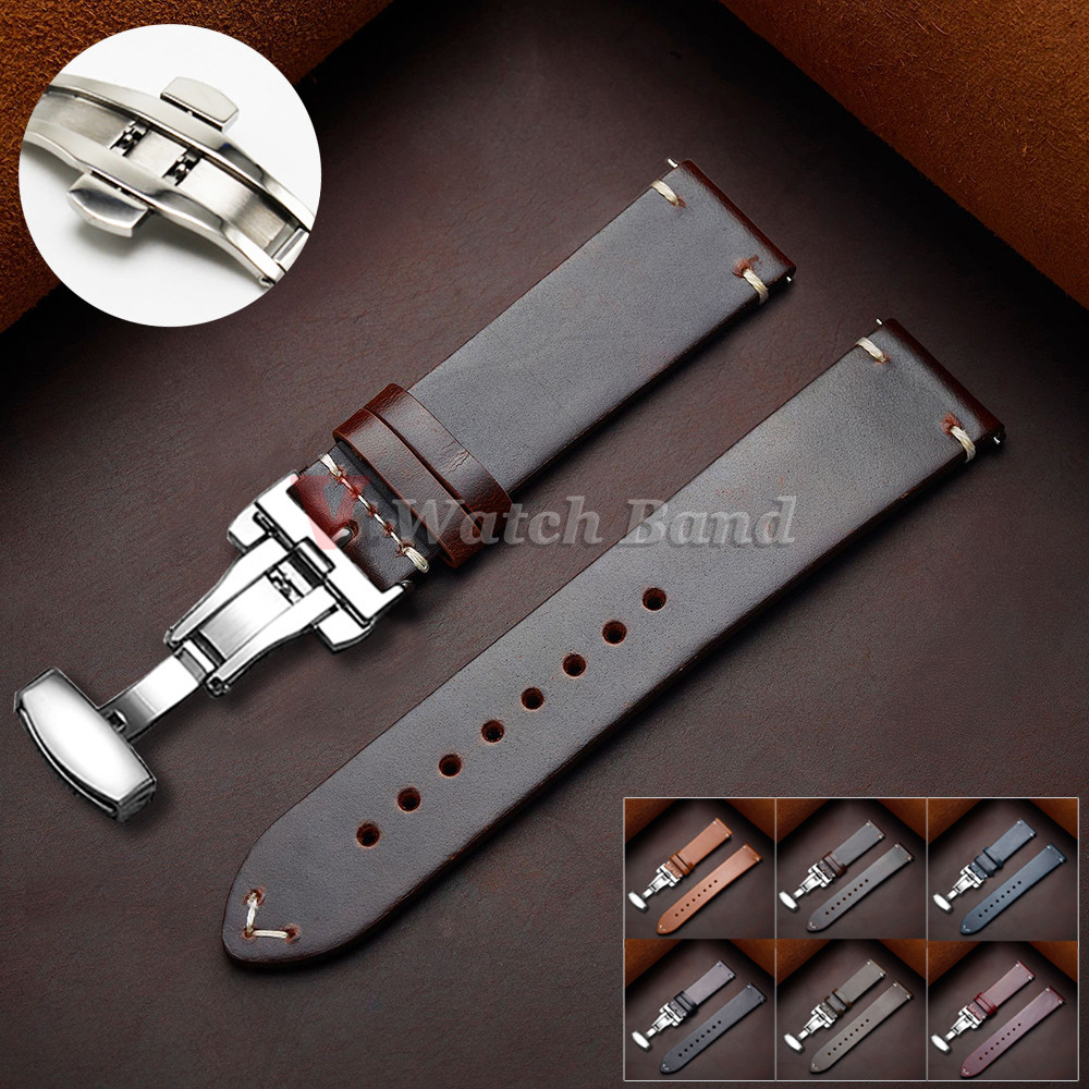 Bracelet For Seiko Vintage Oil Wax Leather Wat Band Butterfly Buckle Stiting Cowhide Strap For