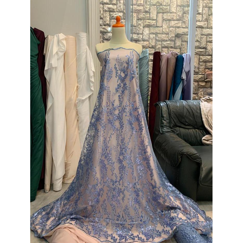 eyys- 1/2 Meter Kain Bahan Kebaya Mewah Brokat Tile Bordir Payet Gracia Warna Biru Denim