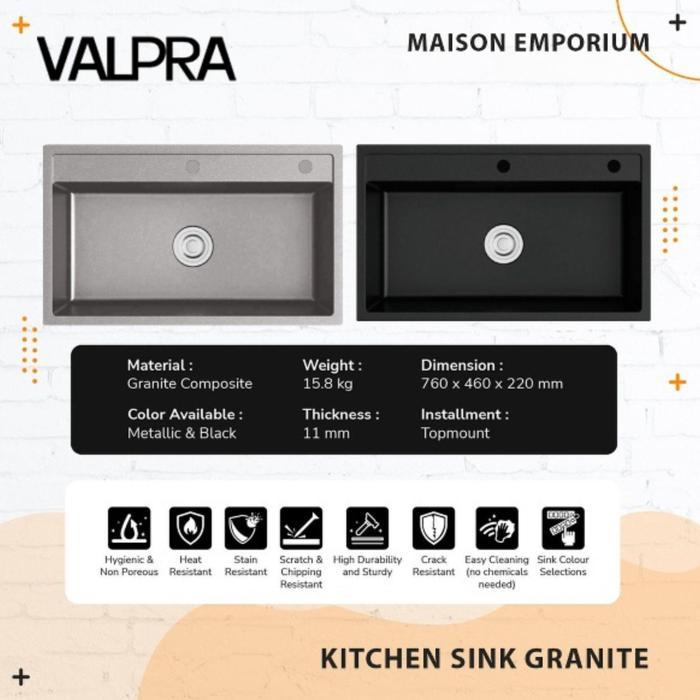 SALE Kitchen Sink Granit Valpra 76x46 / Tempat Cuci Piring Hitam + Keran