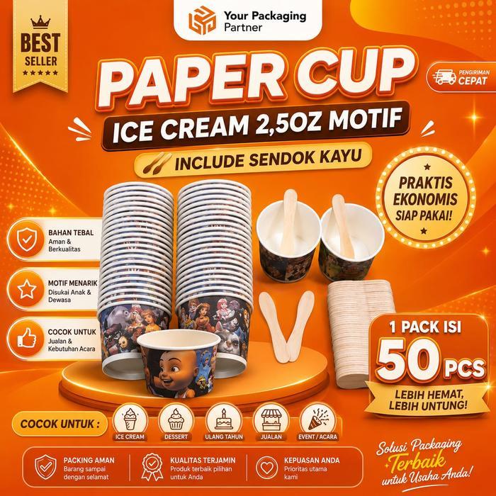 Paper Cup Ice Cream 2,5oz Motif + Sendok isi 50 Pcs/ Gelas Kertas 2oz