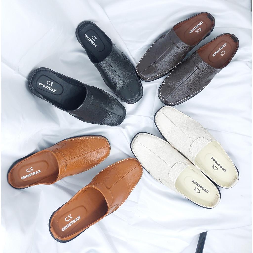 Sepatu Selop Pria Bustong Crostrax Kulit Asli Warna Putih Hitam CoKelat Tan Sol Karet  / Sepatu Slip