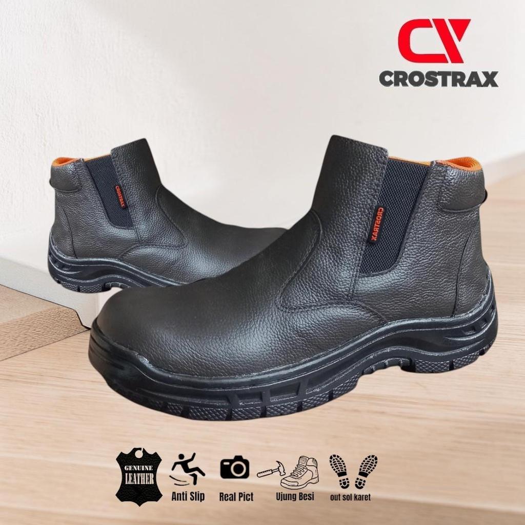 Sepatu Zipper Safety Boots Pria Crostrax Kings Resleting Kulit Asli ujung besi Ukuran Jumbo Sepatu T