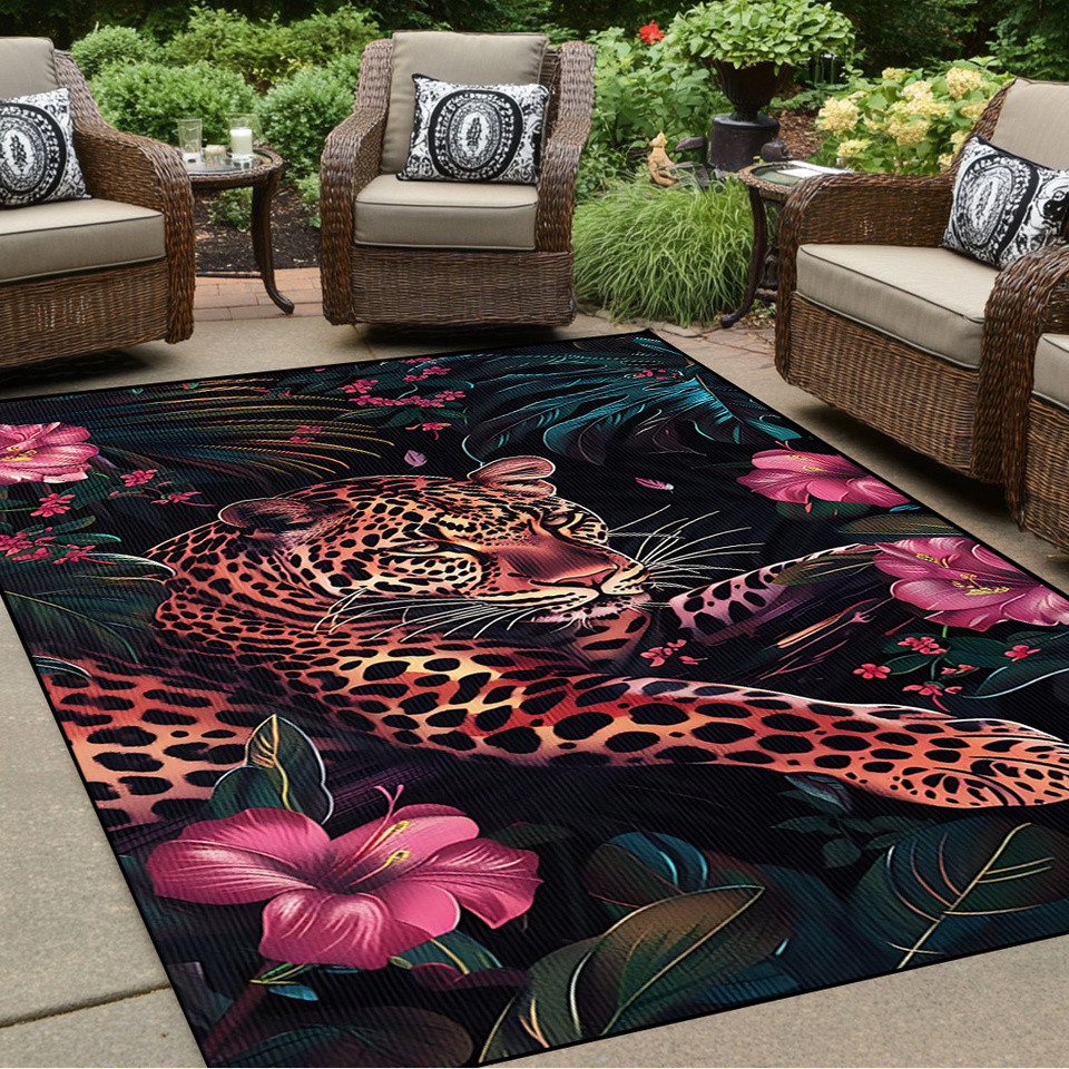 Karpet Macan Tutul Bermotif Flanel Desain Bunga Tropis Bulu Lembut Tikar Luar Ruangan Dekorasi Teras