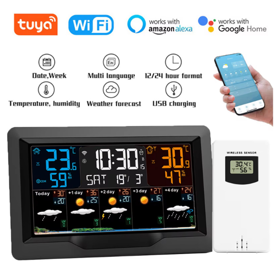 Tuya WIFI Smart Weather Station Temperature Humidity Meter Weather Forecast Indoor Outdoor Multifunc