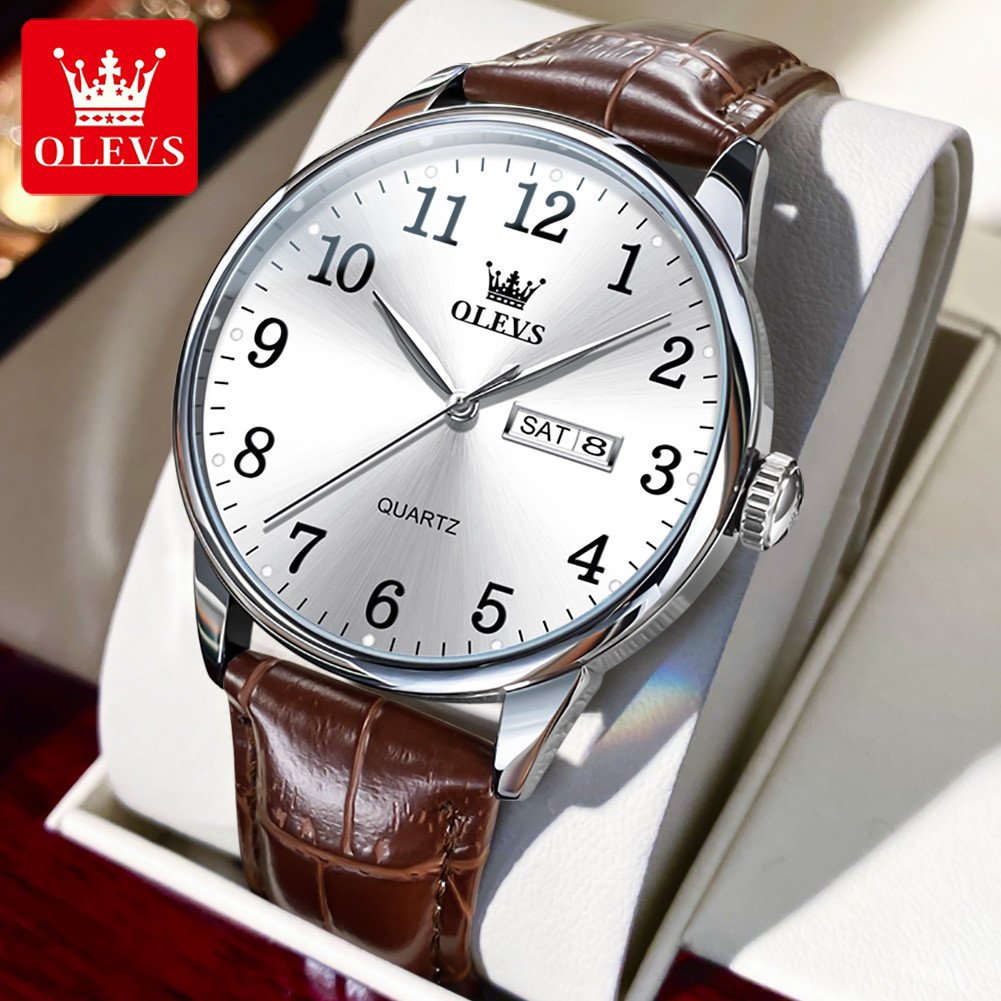 OLEVS Classic Men's Watch Quartz Leather Strap Digital Dial Wristwatches Date Business Casual