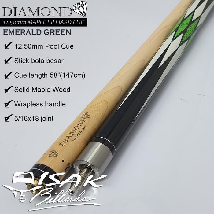Zabymall- Diamond Maple Pool Cue 12.5Mm Emerald Green Billiard Stick Bola Besar