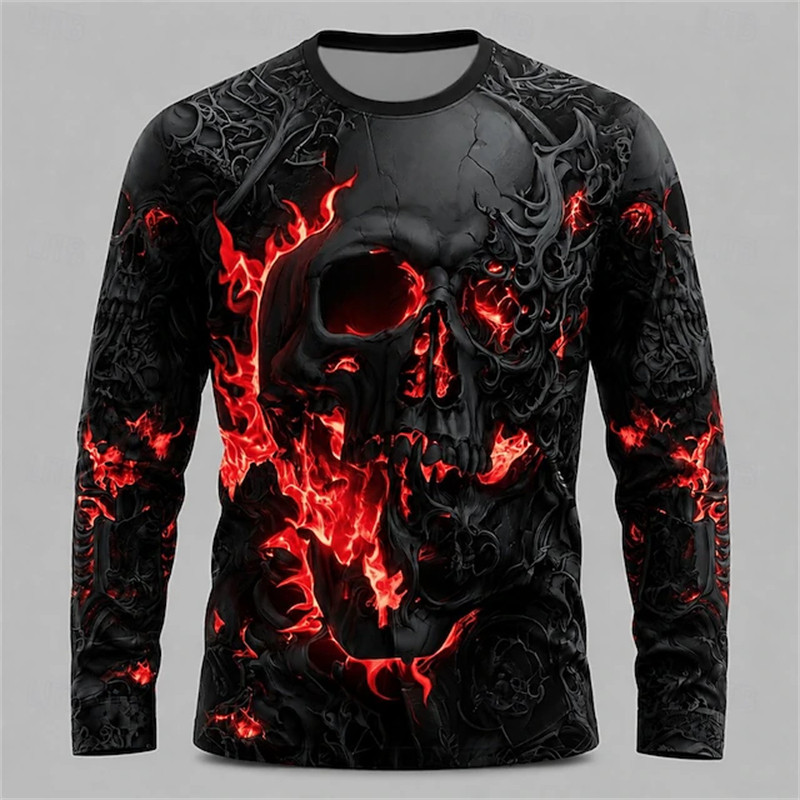 Lengan panjang Kaos Lengan Panjang Pria Halloween dengan Motif Tengkorak Menyala 3D Streetwear Gothi