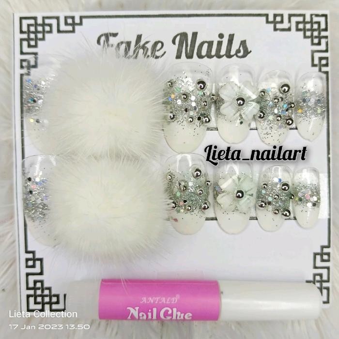 KJ KUKU PALSU POMPOM PUTIH / FAKE NAIL MURAH / NAIL ART