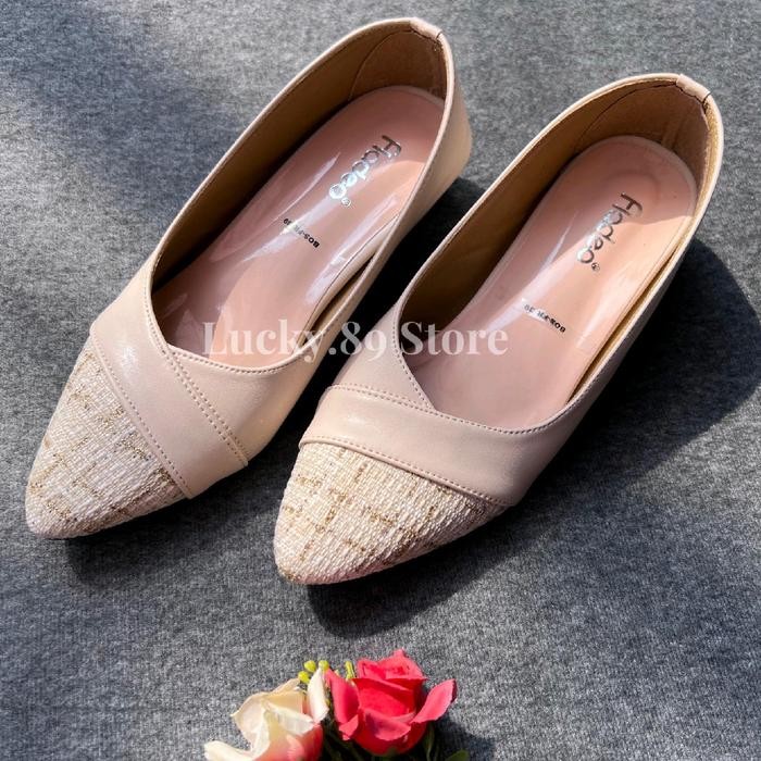 Fladeo Sepatu Pantofel Wanita Brukat Heels 3cm Variasi Brukat Modis Shoes Sepatu Kerja