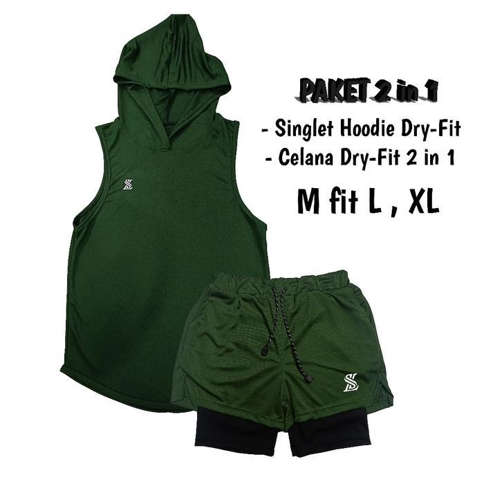 AirFit Setelan Olahraga Pria 2in1 Singlet Hoodie + Celana Gym Dry Fit Sport Set Cowok