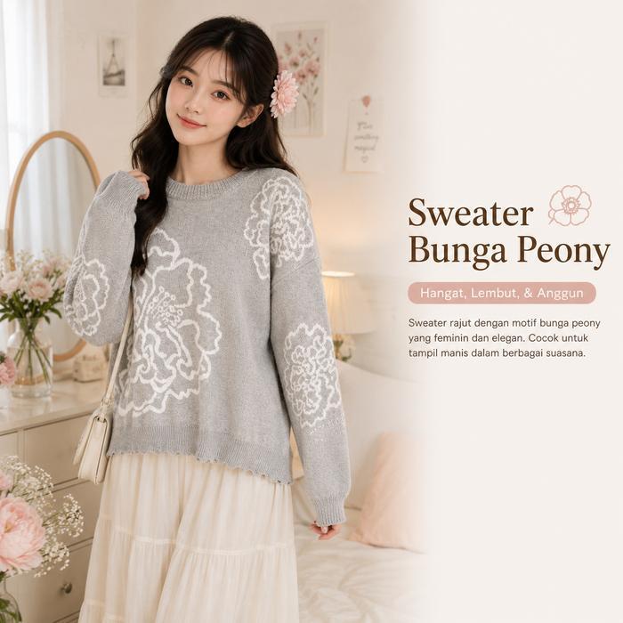 Best Seller Liora - Peony Flower Knit Sweater Sweater Rajut Premium Tebal Motif Bunga Terlaris