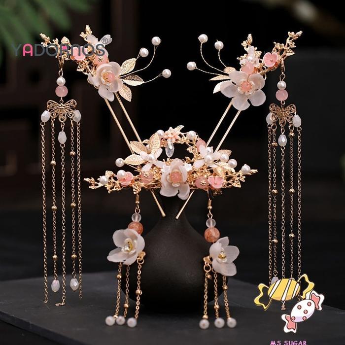 TERLARIS YADORNOS Set Hiasan Kepala Bunga Antik Rumbai Anting Stik Rambut Jepit Rambut Aksesori DIY