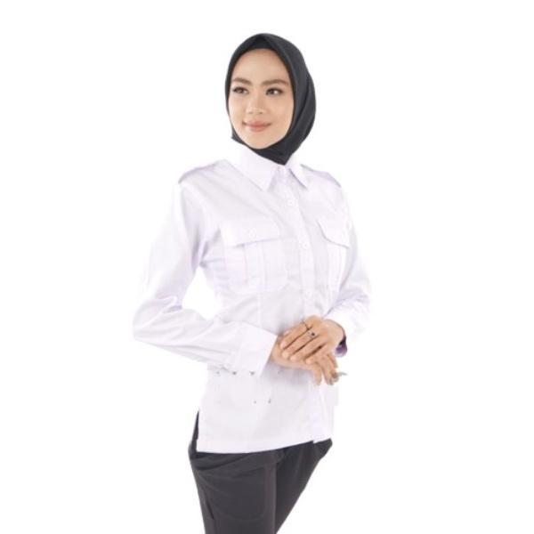 Kemeja PDH Putih Wanita ASN, P3K 2024, Baju Pdh Putih V-NECK Kerja Panjang Seragam - S