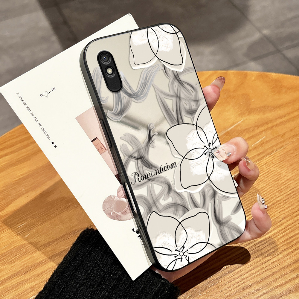 Casing Hp Untuk Xiaomi Redmi 9A Black White Ink Flower Phone Case Mirror Surface Floral Print Hard P