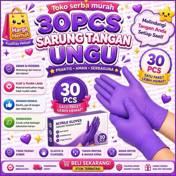 30PCS UNGU Sarung tangan lateks Sarung Tangan Nitril Karet Latex KUALITAS TERBAIK