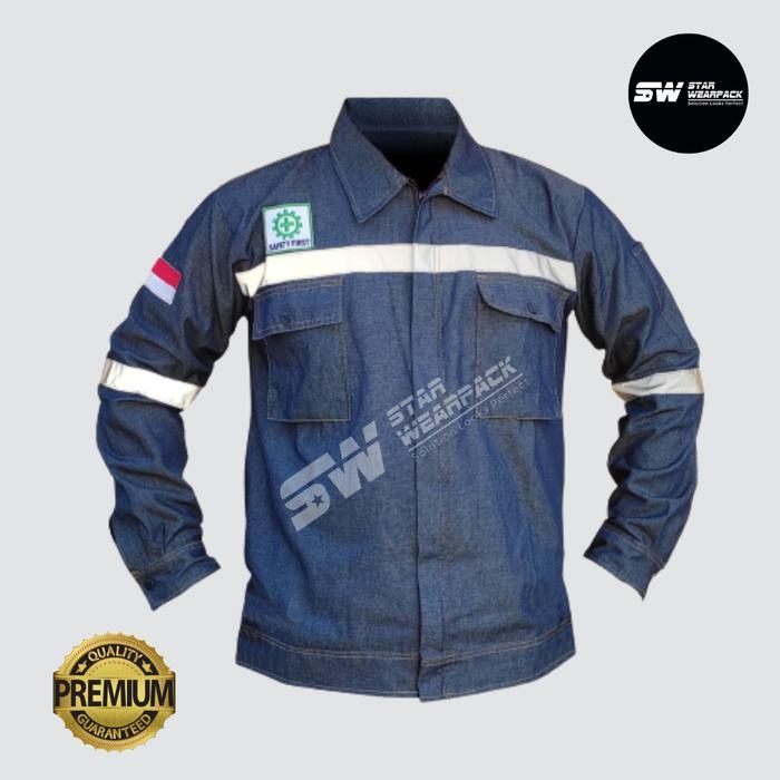 Wearpack Kerja Kemeja Atasan Warna Biru Tua Denim Lengan Panjang