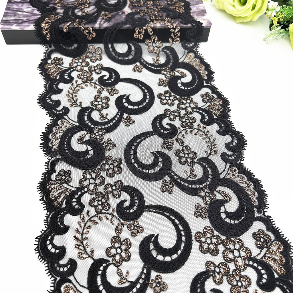 3y/lot 20cm Black Rosegold Shimmer Embroidery Lace Trim Clothing Accessories Dress Sewing Applique C