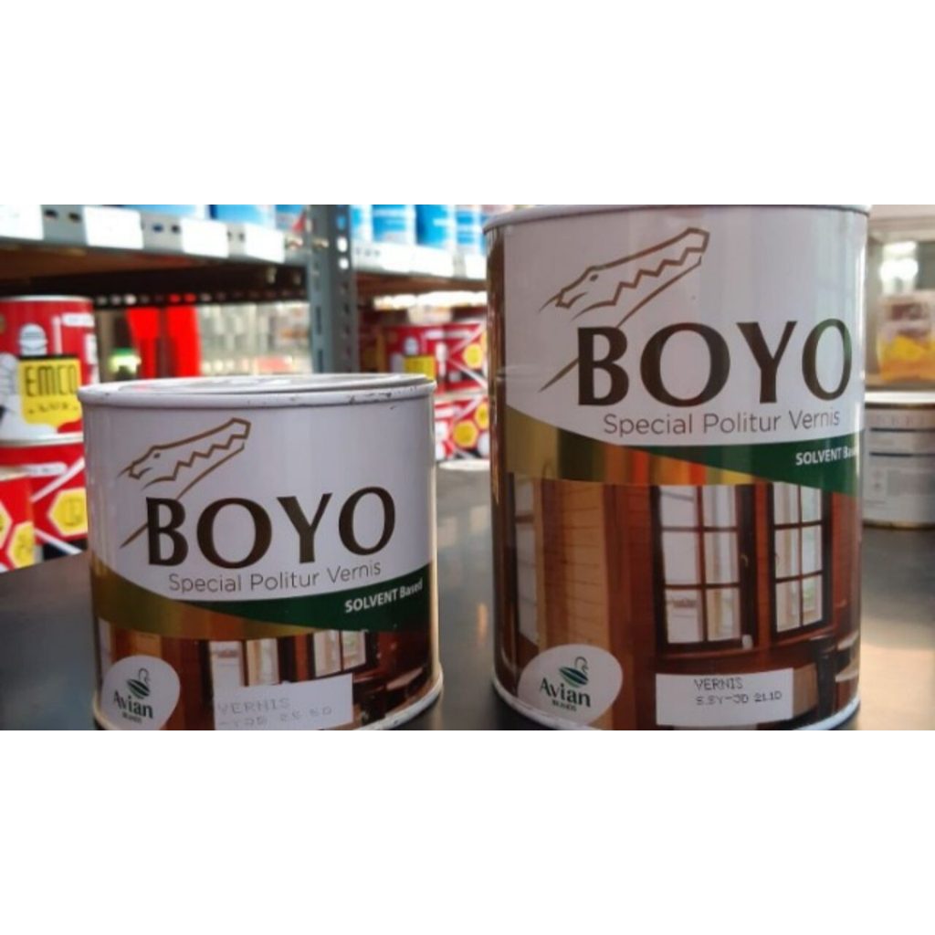 Cat Kayu Plitur Politur Pelitur Kayu Boyo Solvent Based 1 Liter dan 1/2 Liter Vernish Kayu Boyo