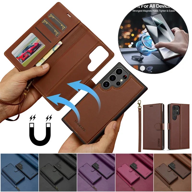 Lc.Imeeke Magnetic Leather Wallet Phone Case For Galaxy S25 Edge S24 Ultra S23 Fe S22 Plus A56 A36