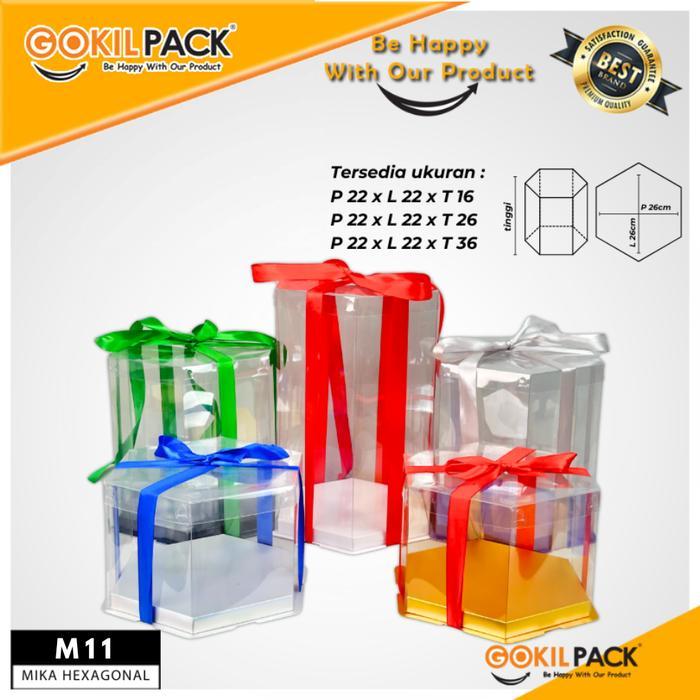 Box Mika Hexagonal - Cake Box - Box Segi Enam Kue Mika Transparan Dus Hadiah Hantaran -Tutup Warna