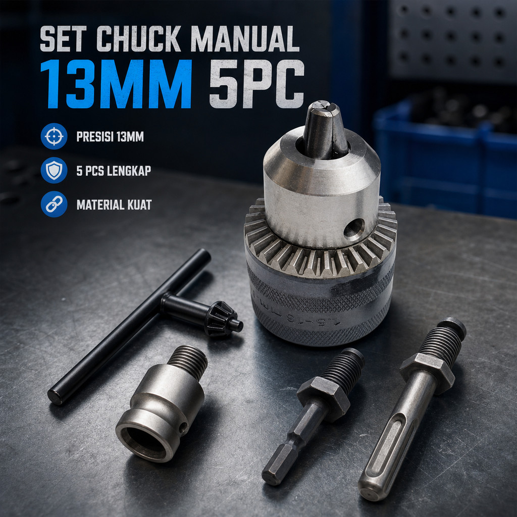 Set Cekam Bor Manual 13mm 5PCS dengan Adaptor SDS Plus, Adaptor Hex, Adaptor Batang Bulat dan Kunci 